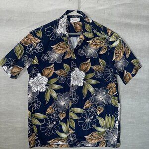 Pacific Legend Hawaiian Shirt‎ L Blue Brown White Floral 100% Cotton Aloha USA